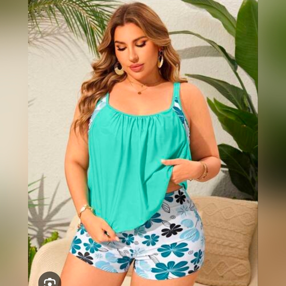 NWT Turquoise Floral Tankini Swim Top with Matching Botton for Women, Size 3XL